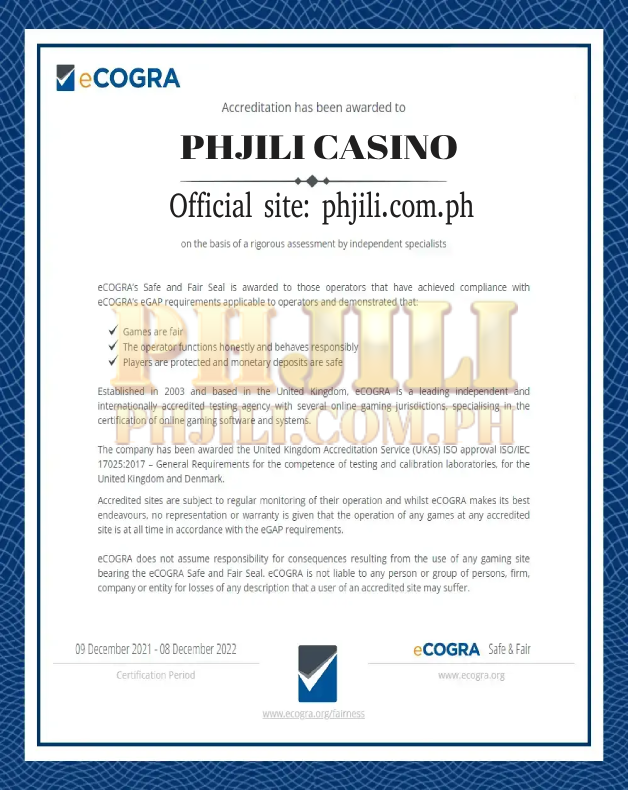 Certificate PHJILI from eCOGRA